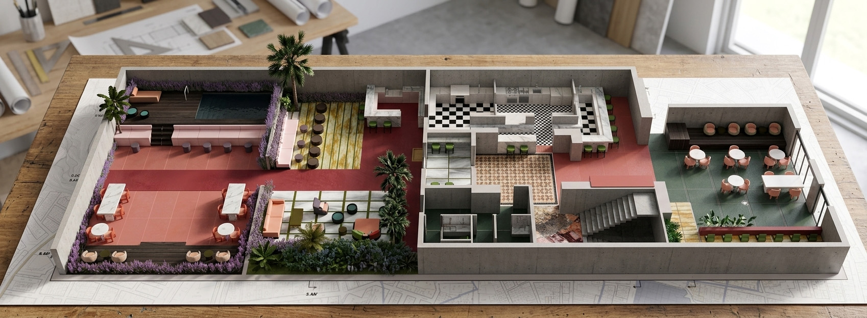 Vista isométrica de un proyecto de espacios interiores y exteriores